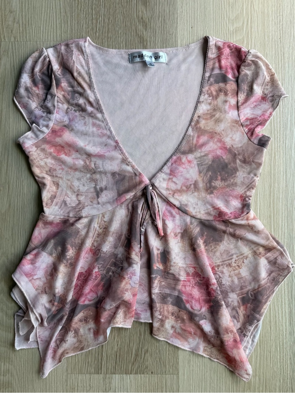 Madden Girl Y2K BrownPink Floral Sheer Mesh V-Neck Tie Front Blouse Cap Sleeve S